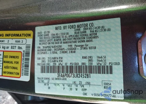 2020 Ford Fusion S z USA, uszkodzony, nr VIN 3FA6P0G73LR245281